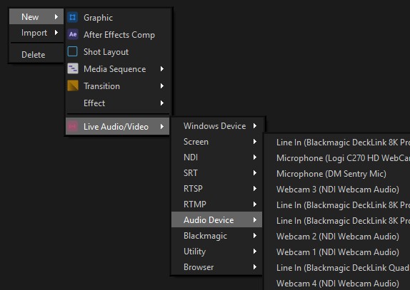 Row context menu with New > Live Audio/Video > Audio Device expanded