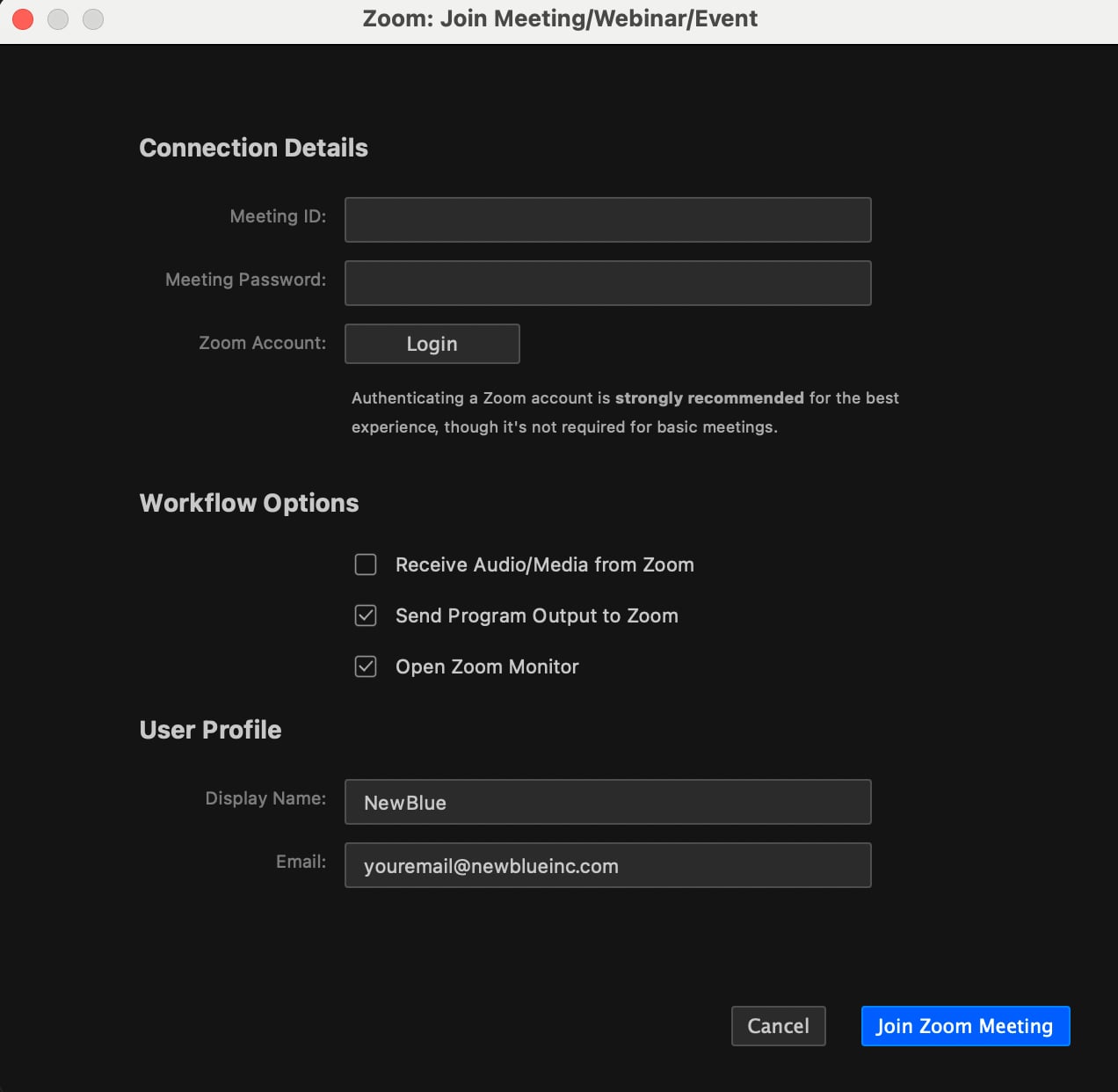 Zoom panel Login button