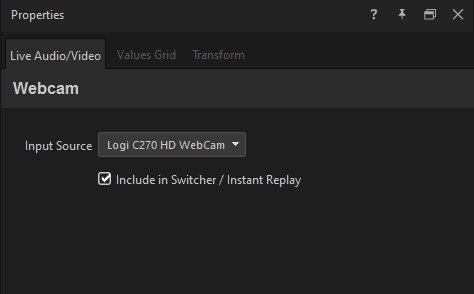 The Live Audio/Video tab for a webcam — the Input Source picker and the Include in Switcher / Instant Replay checkbox