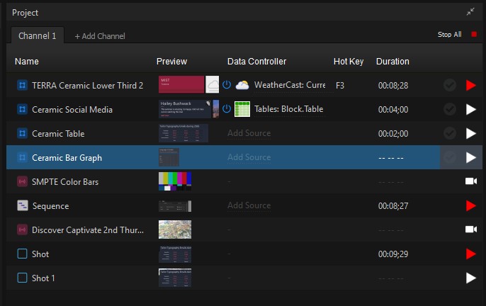 Project List with one channel and a mix of graphic, media, live, and shot items