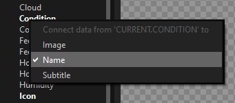 The right-click menu on a data field — Connect data from 'CURRENT.CONDITION' to Image, Name, or Subtitle