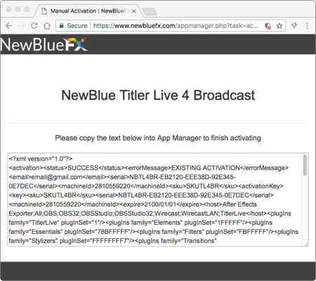 The activation text string returned by the web page