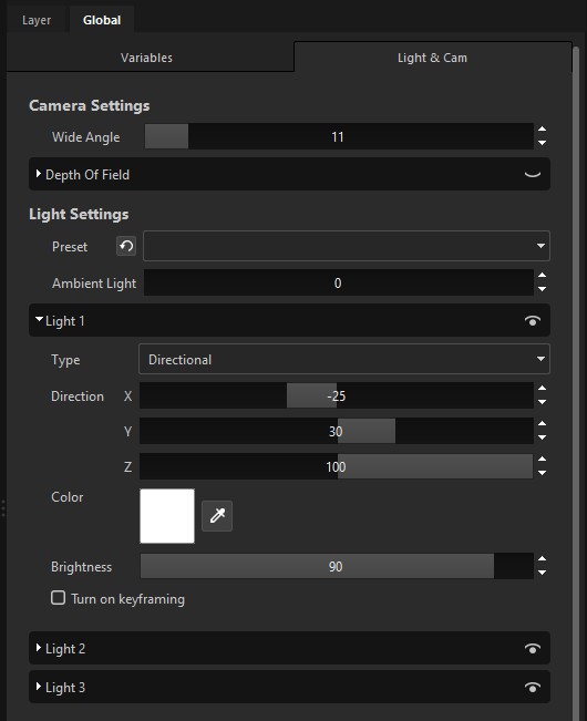 The Global Light & Cam tab: Camera Settings and the three light slots