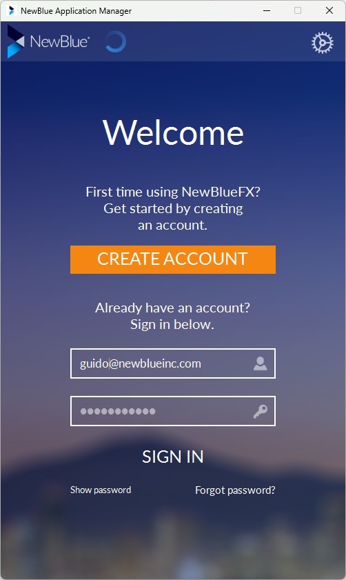 The NewBlue Application Manager showing the product list after sign-in