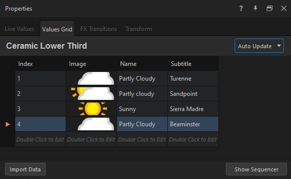 Values Grid tab with Index, Image, Name, and Subtitle columns and a row selected for playout