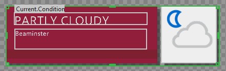 A lower third in the preview canvas on mouse-over — green border handles, outlined text elements, and the connected data field's label above the element