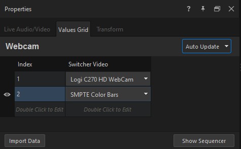 Values Grid on a webcam layer — rows with a Switcher Video source picker, one row selecting the webcam and another selecting SMPTE Color Bars