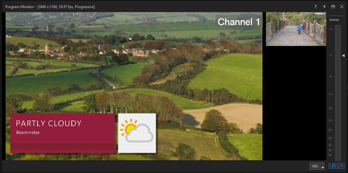 The Program Monitor with Channel 1 focused as the primary view, and Channel 2 along the side