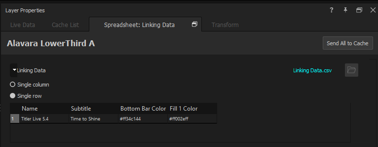 Spreadsheet Data Controller tab with Send All to Cache button