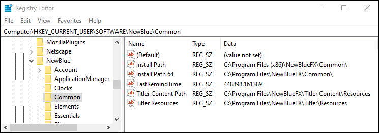 Registry Editor at HKEY_CURRENT_USER\SOFTWARE\NewBlue\Common