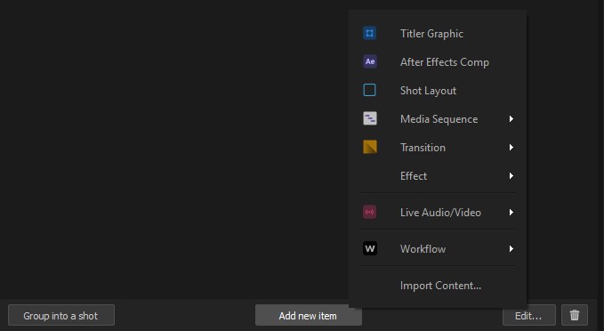 Bottom toolbar with the Add new item popup expanded