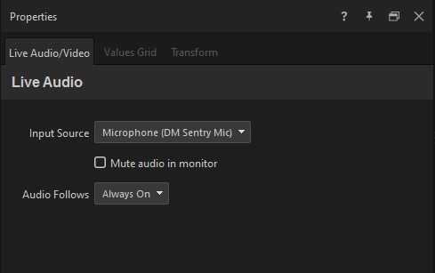 Live Audio properties — Input Source, Mute audio in monitor, and the Audio Follows dropdown