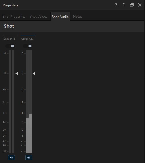 Shot Audio tab with a vertical fader, mute button, and override toggle per contained item
