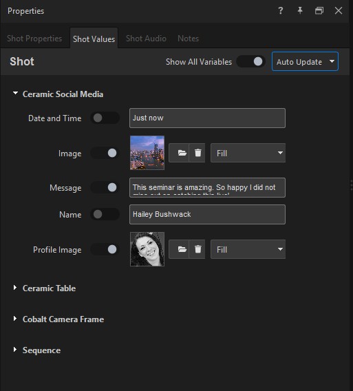 Shot Values tab with per-graphic collapsible variable sections, override toggles, Show All Variables, and Auto Update