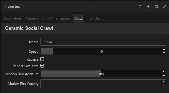 The Crawl tab in the playout Properties panel