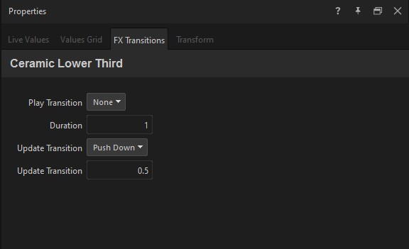 FX Transitions tab — Play Transition, Duration, Update Transition picker, and the Update Transition duration field