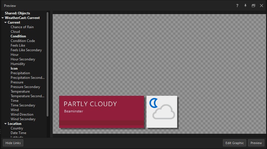The Preview panel — the Link Data sidebar on the left listing WeatherCast fields, a lower third on the preview canvas, and the Hide Links, Edit Graphic, and Preview buttons along the bottom