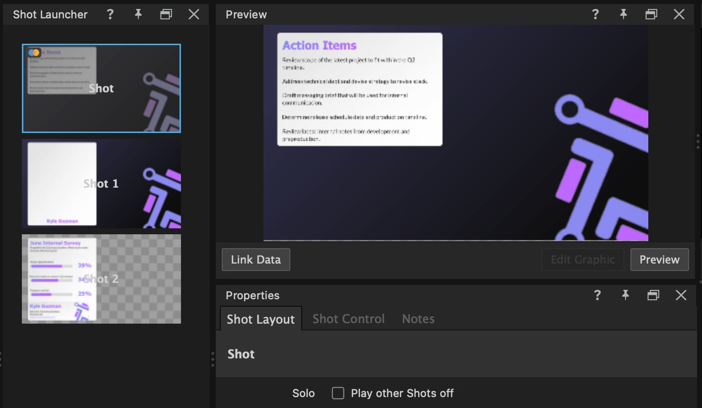 Shot Launcher with Shot tiles and the Shot Layout tab in Properties showing the Play other Shots off checkbox
