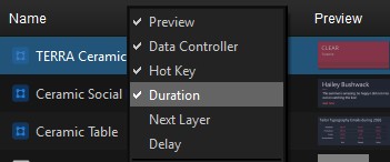 Project List column header menu listing Preview, Data Controller, Hot Key, Duration, Next Layer, and Delay toggles