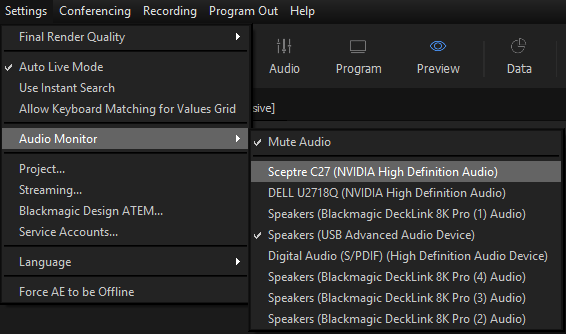 Setting audio device from settings menu