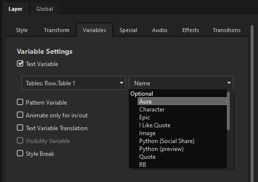 The Variables tab: Variable Settings with Text Variable