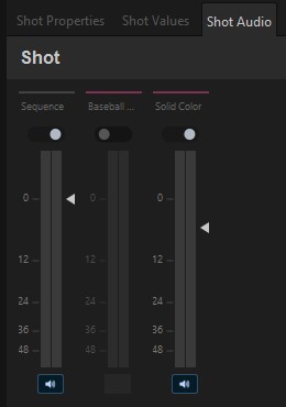 The Shot Audio tab — per-source faders and mute buttons stored with the shot