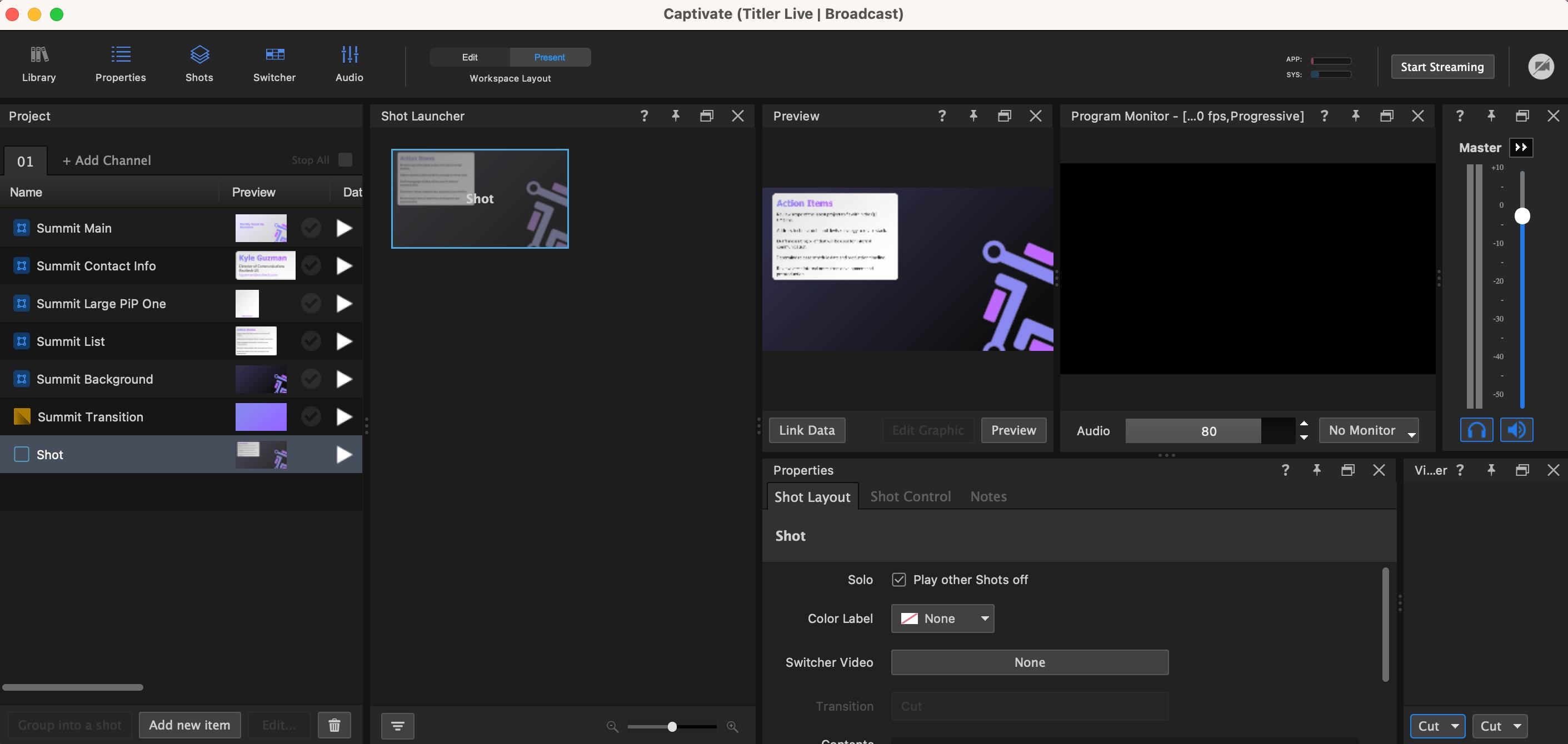 Shot Launcher in the Live workspace layout