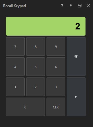 The Recall Keypad window with a matched entry showing 2 in the green display