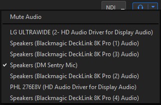 The monitor button menu with Mute Audio and the list of audio output devices