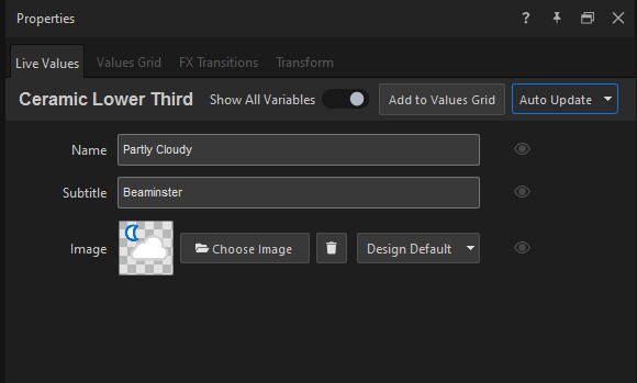 Properties panel for a graphic, showing the Live Values tab with the Show All Variables toggle, Add to Values Grid button, and Auto Update dropdown