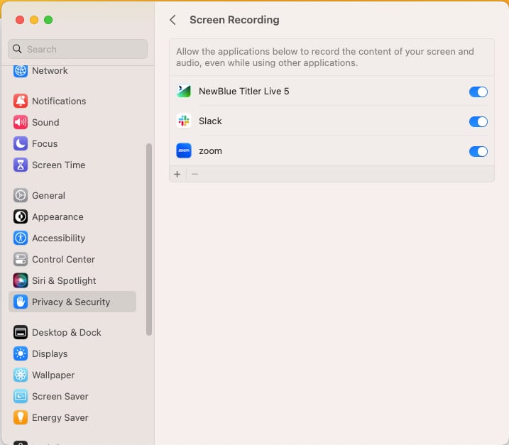 Screen Recording settings