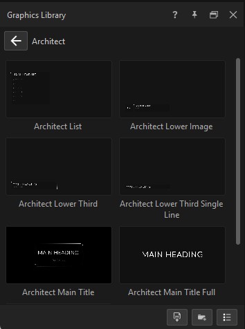 The Graphics Library panel inside the Architect folder, with template thumbnails and the back button at the top