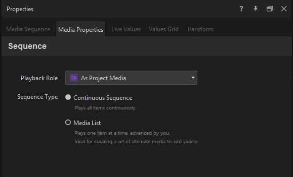 Media Properties tab with the Playback Role dropdown and the Sequence Type radio buttons — Continuous Sequence and Media List